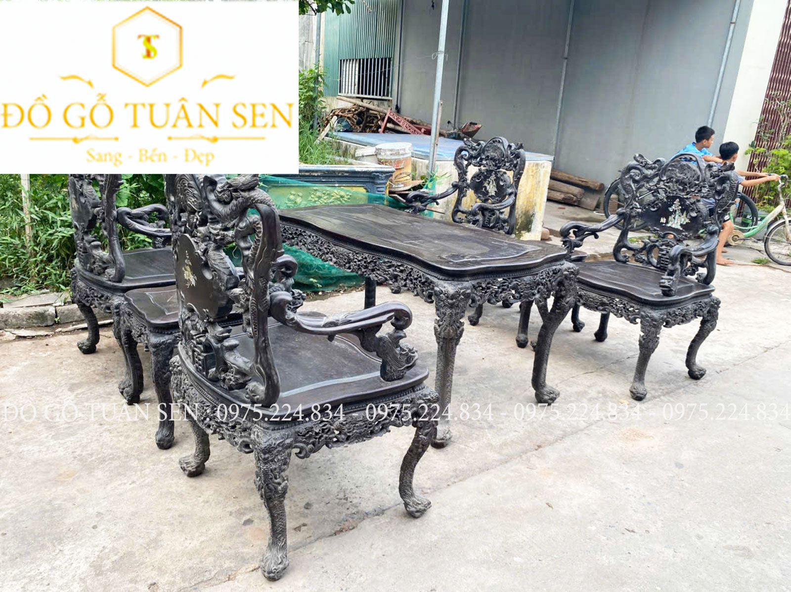 Hình ảnh bộ bàn ghế khánh rồng gỗ khảm ốc 